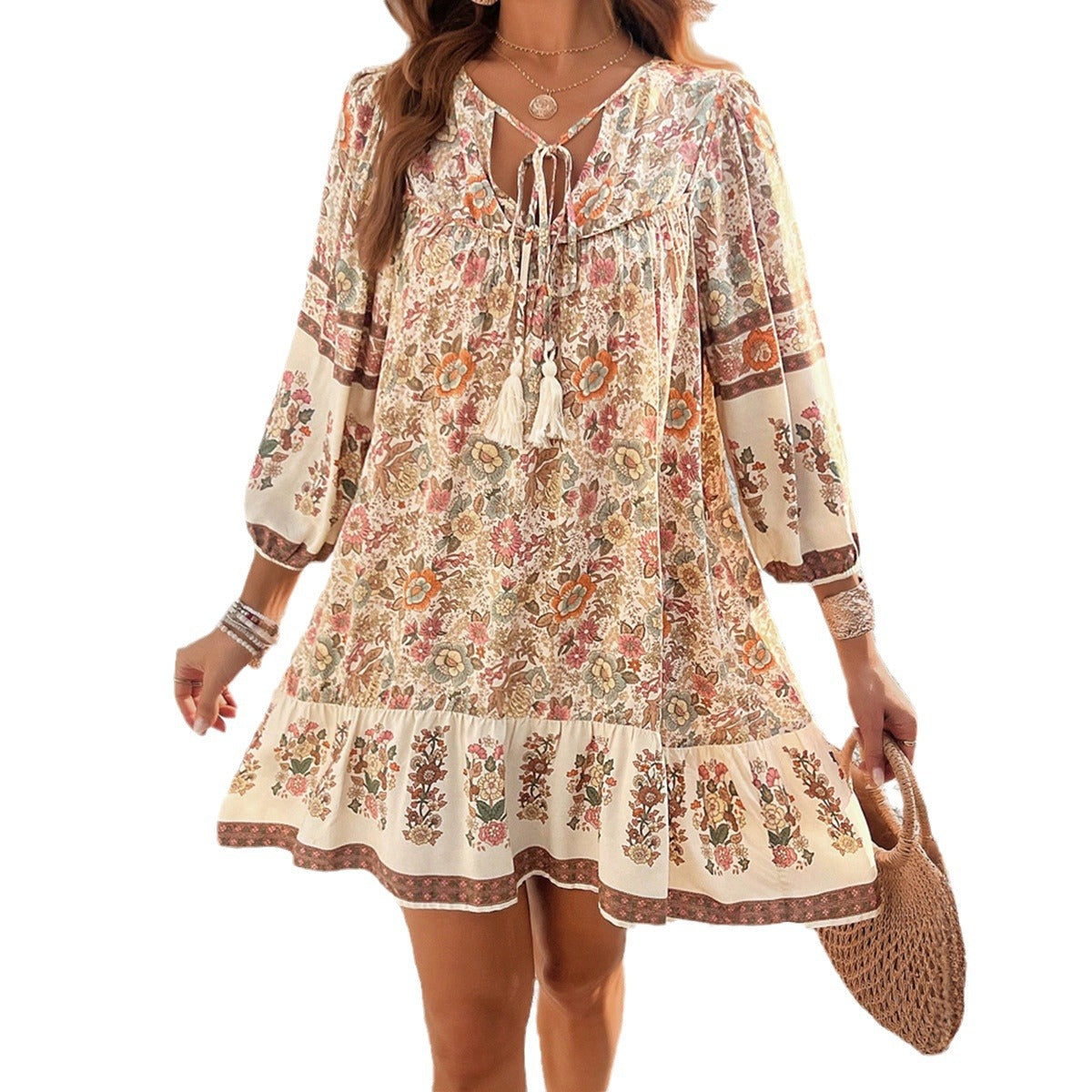 Bohemian Casual V-Neck Printed Dresses Wholesale Womens Clothing N3824062100006