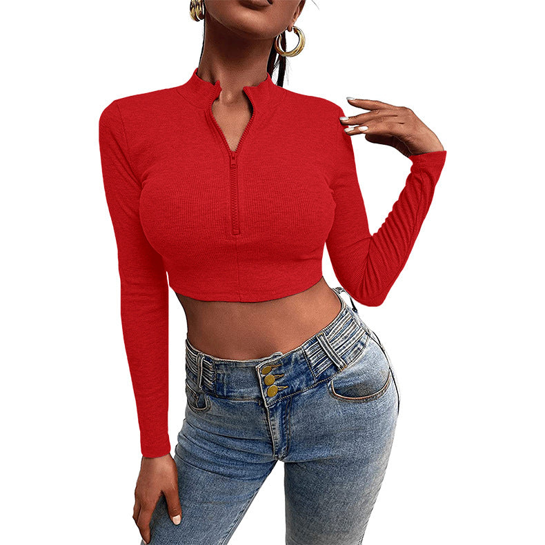 Solid Color Jersey Zipper Slimming Revealing Long Sleeve T-Shirt Wholesale Womens Tops