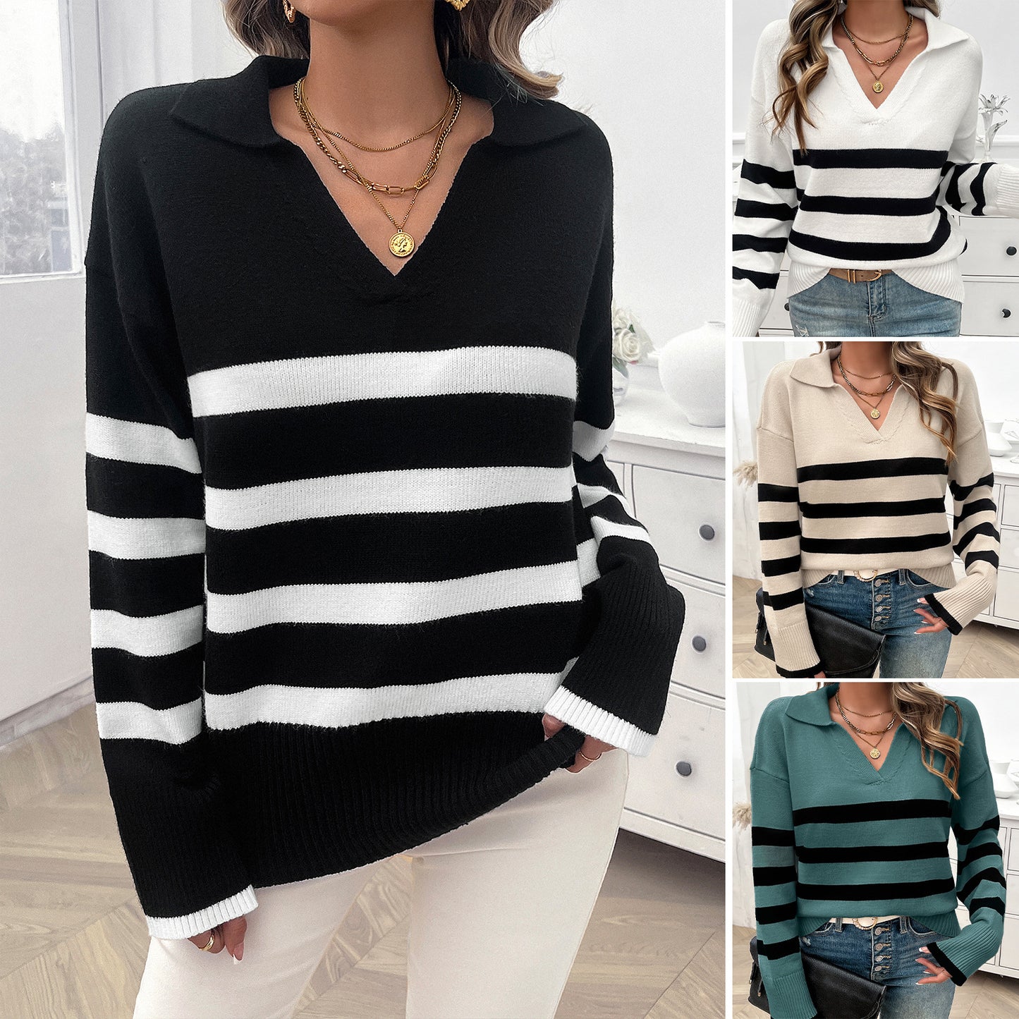 Autumn Winter Casual Loose Contrast Color Lapel Sweater Top Wholesale Womens Clothing N3824062400016