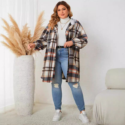 Plus Size Plaid Hooded Mid-Length Jackets Wholesale Womens Clothing N3824091200160