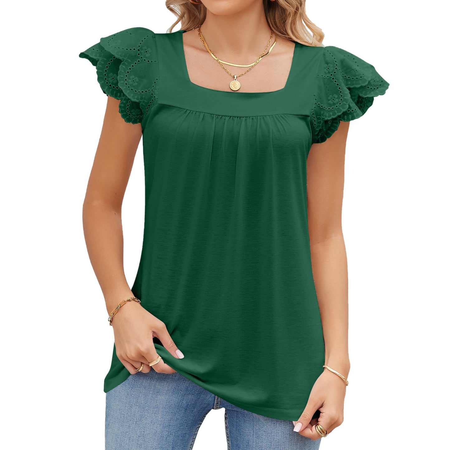 All-Match Solid Color Stitching Square Collar Petal Short-Sleeved Top Wholesale Women'S Top N4623052500033