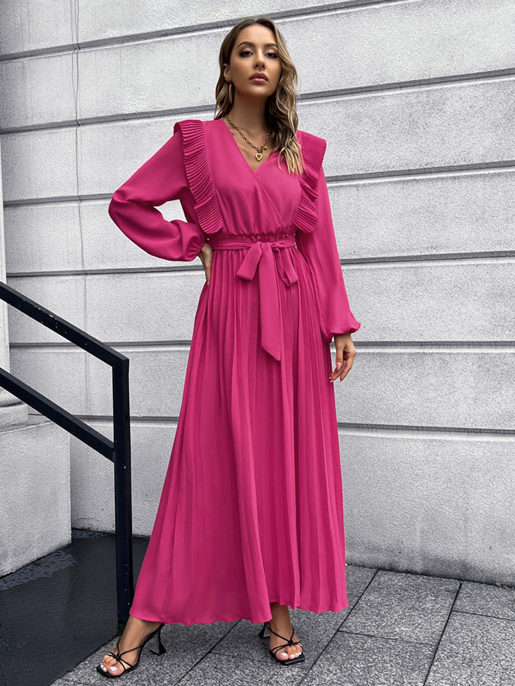 V-Neck Swing Pleated Maxi Dresses Wholesale Womens Clothing N3824062100033