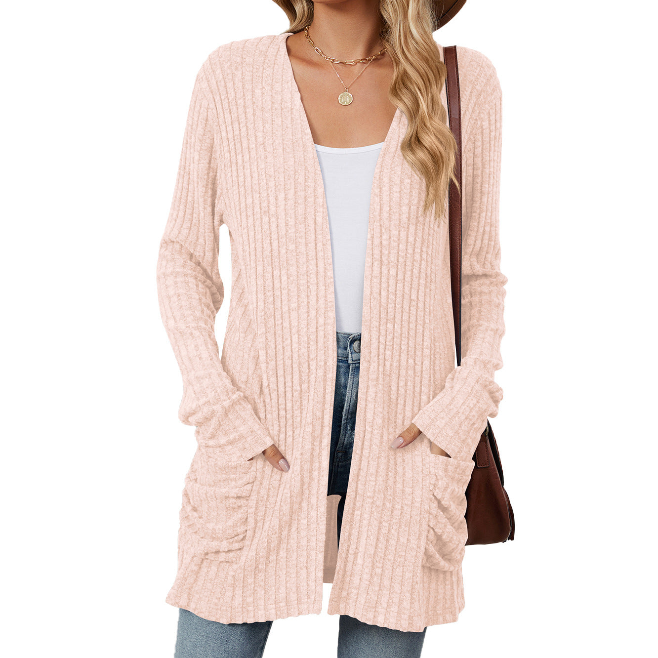 Solid Color Pocket Long Sleeve Knitted Bottoming Cardigan Wholesale Womens Clothing N3824072900051