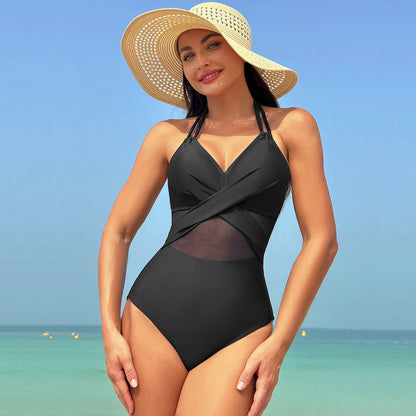 Women's Solid Color Mesh Halter Neck Deep V One-piece Swimsuit Wholesale Womens Clothing N3824012000008