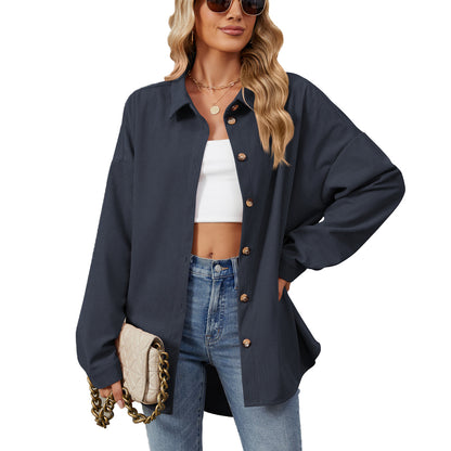 Solid Color Lapel Button Long Sleeve Loose Shirts Wholesale Womens Clothing N3824082300059