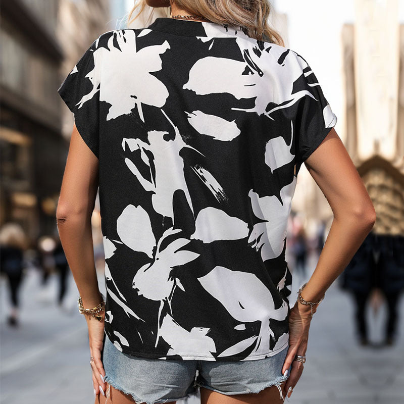 Contrast Black and White V-Neck Shirts Wholesale Womens Clothing N3824040700310
