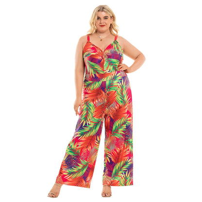 Plus Size V Neck Strappy Printed Wide Leg Jumpsuit Wholesale Womens Clothing N3824080300053