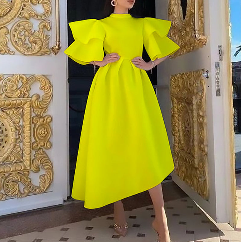 Elegant Double Layer Ruffle Sleeves Solid Color Large Hem Dress Wholesale Dresses