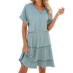 Solid Color V-Neck Loose Short Sleeve Patchwork Dresses Wholesale Womens Clothing N3824052000098