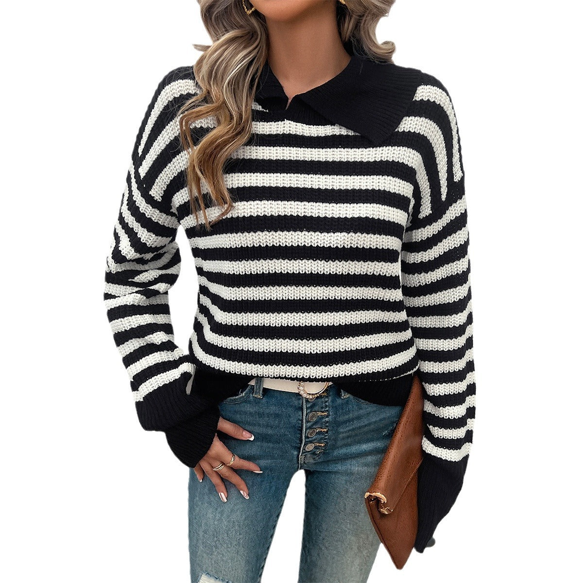 Casual Loose Lapel Striped Long Sleeve Sweater Wholesale Womens Clothing N3824062400023