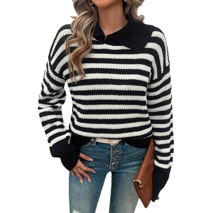 Casual Loose Lapel Striped Long Sleeve Sweater Wholesale Womens Clothing N3824062400023