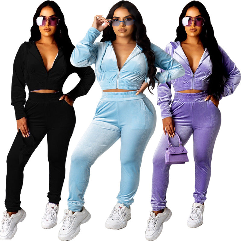 Casual Solid Color Long Sleeve Zipper Hooded Top And Pants Set Wholesale Women'S 2 Piece Sets