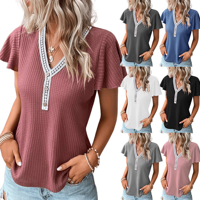 Casual Short-Sleeved Waffle Lace V-Neck T-Shirt Wholesale Womens Tops