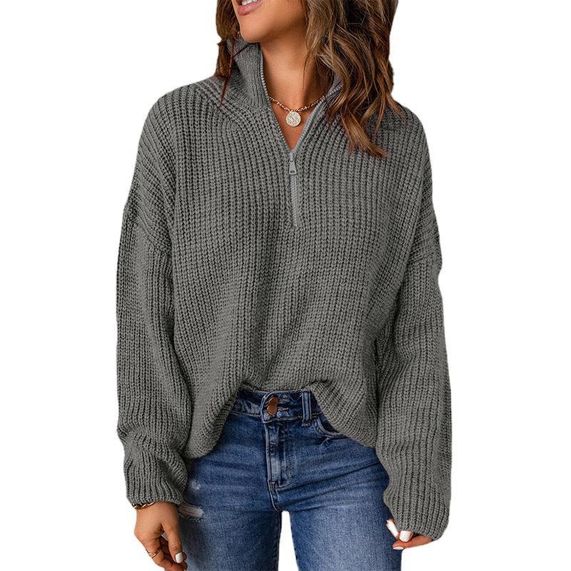 Loose Solid Colour Pullover High Neck Zip Knit Sweater Wholesale Womens Tops