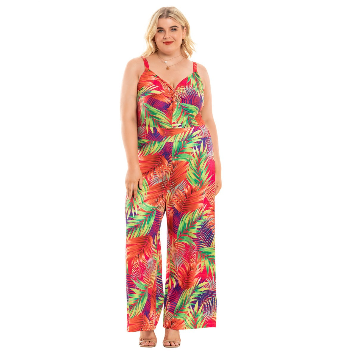 Plus Size V Neck Strappy Printed Wide Leg Jumpsuit Wholesale Womens Clothing N3824080300053