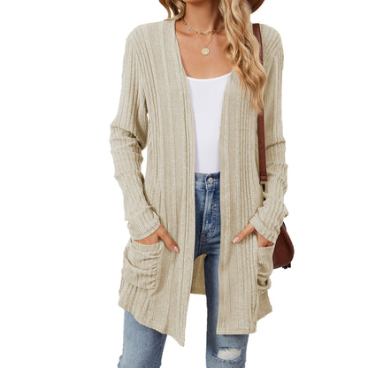 Solid Color Striped Brushed Pocket Cardigan Long Sleeve Sweater Wholesale Womens Clothing N3824072900052