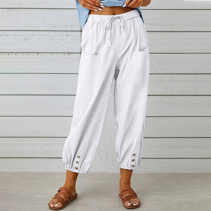 Loose High Waist Buttoned Cotton Linen Pants Nine Minute Wide Leg Pants Wholesale Womens Clothing N3824091200196