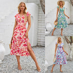 Fashion Printed V Neck Flutter Sleeve Hollow Out Dresses Wholesale Womens Clothing N3824050700084