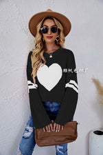 Loose Round Neck Heart Print Long Sleeve Knit Sweater Wholesale Womens Tops