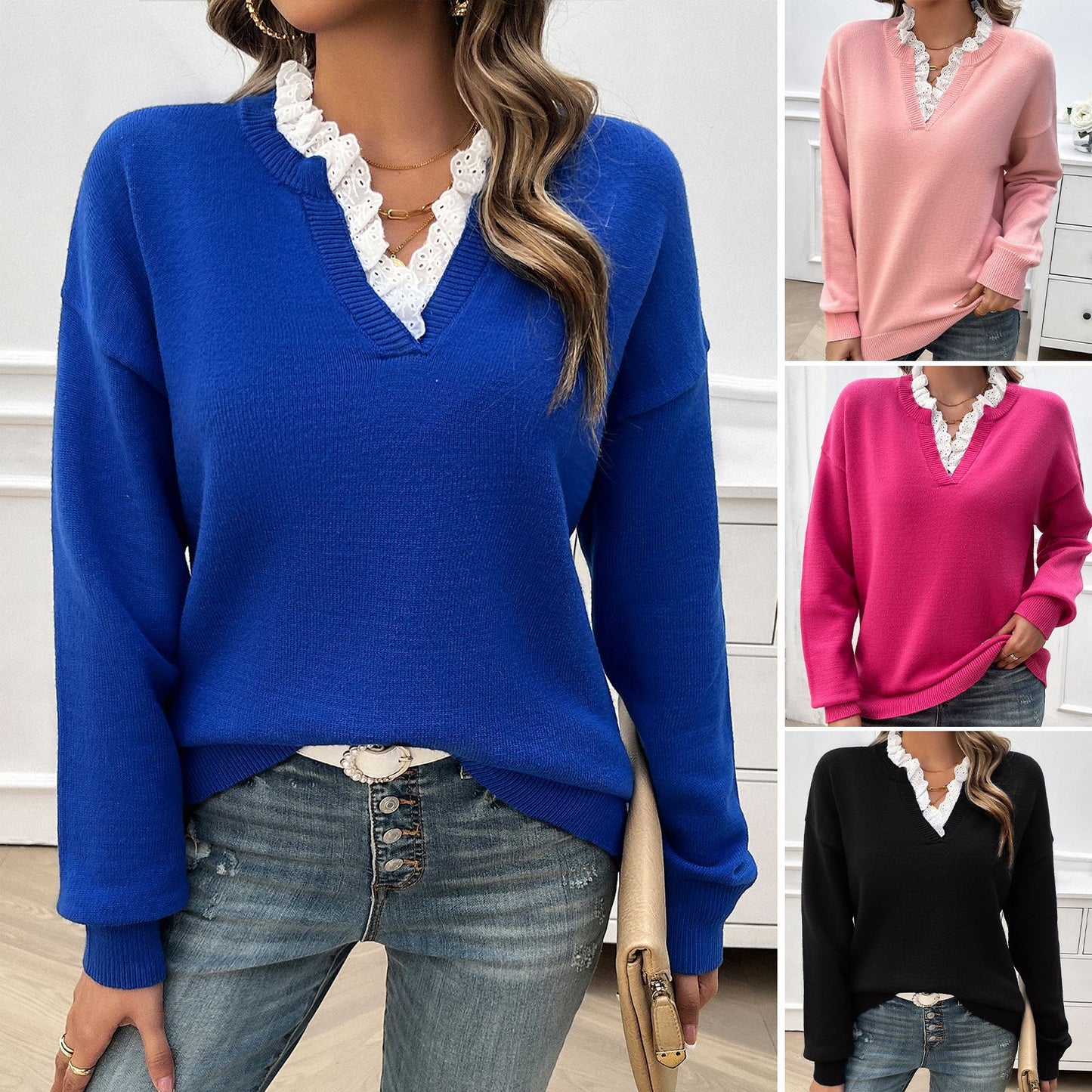 Loose V-Neck Long Sleeve Sweater Wholesale Womens Clothing N3824062400020