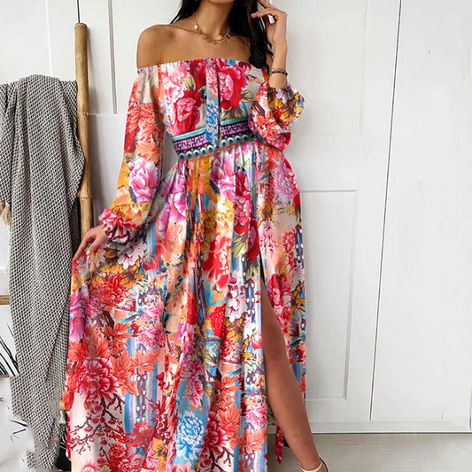 Printed V-neck Retro Long Sleeve Swing Slit Maxi Dress Wholesale Womens Clothing N3824091200172