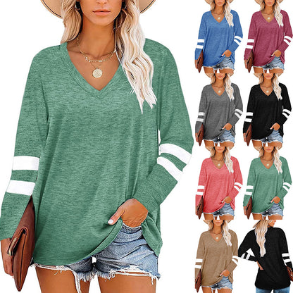 Solid Color V-Neck Striped Long-Sleeved Loose T-Shirts Wholesale Womens Clothing N3824082900033