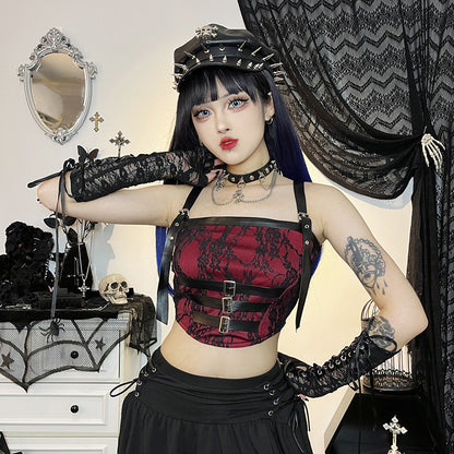 Dark Punk Suspenders Irregular Lace Crop Tops Wholesale Women'S Top