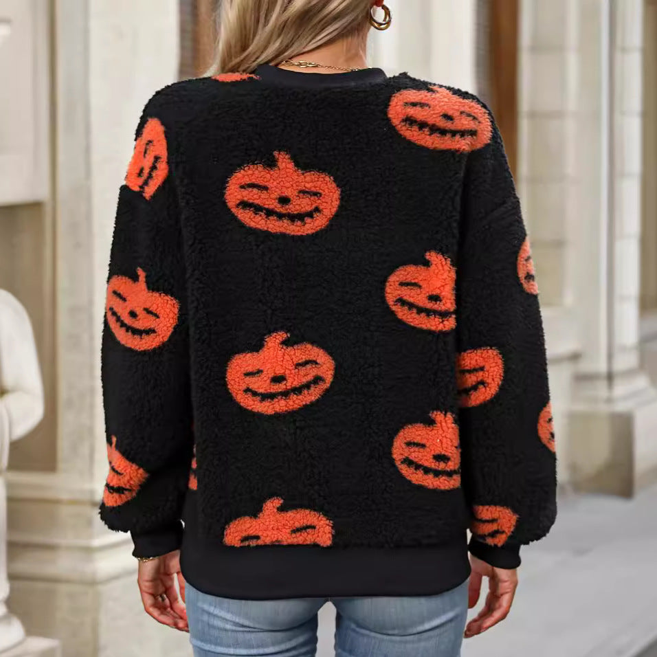 Halloween Printed Plush Loose Pullover Sweatshirts Wholesale Womens Clothing N3824073100103