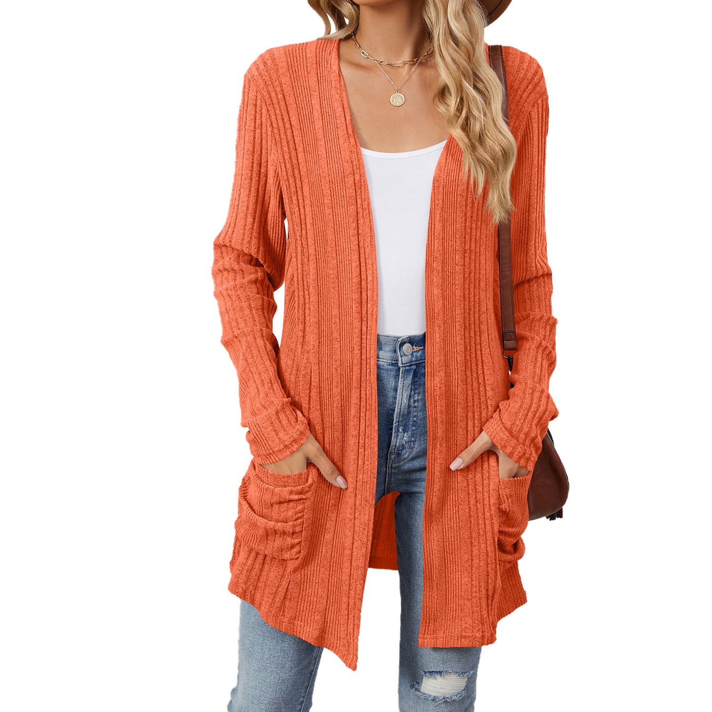 Solid Color Striped Brushed Pocket Cardigan Long Sleeve Sweater Wholesale Womens Clothing N3824072900052