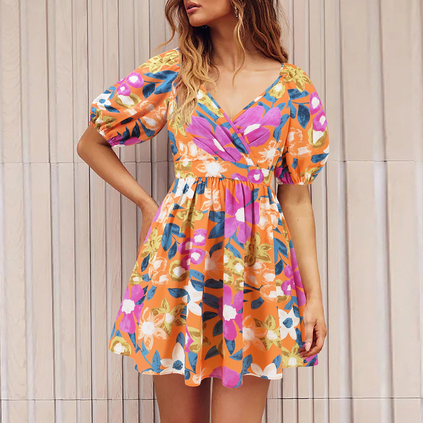 V-Neck Printed Beach Dresses With Lantern Sleeves Wholesale Womens Clothing N3824062100027