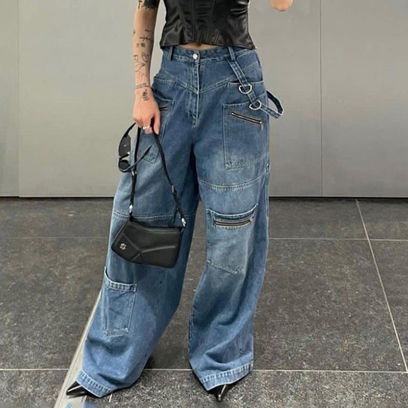Heavy Industry Zipper Workwear Loose Straight Casual Jeans Wholesale Women'S Bottom