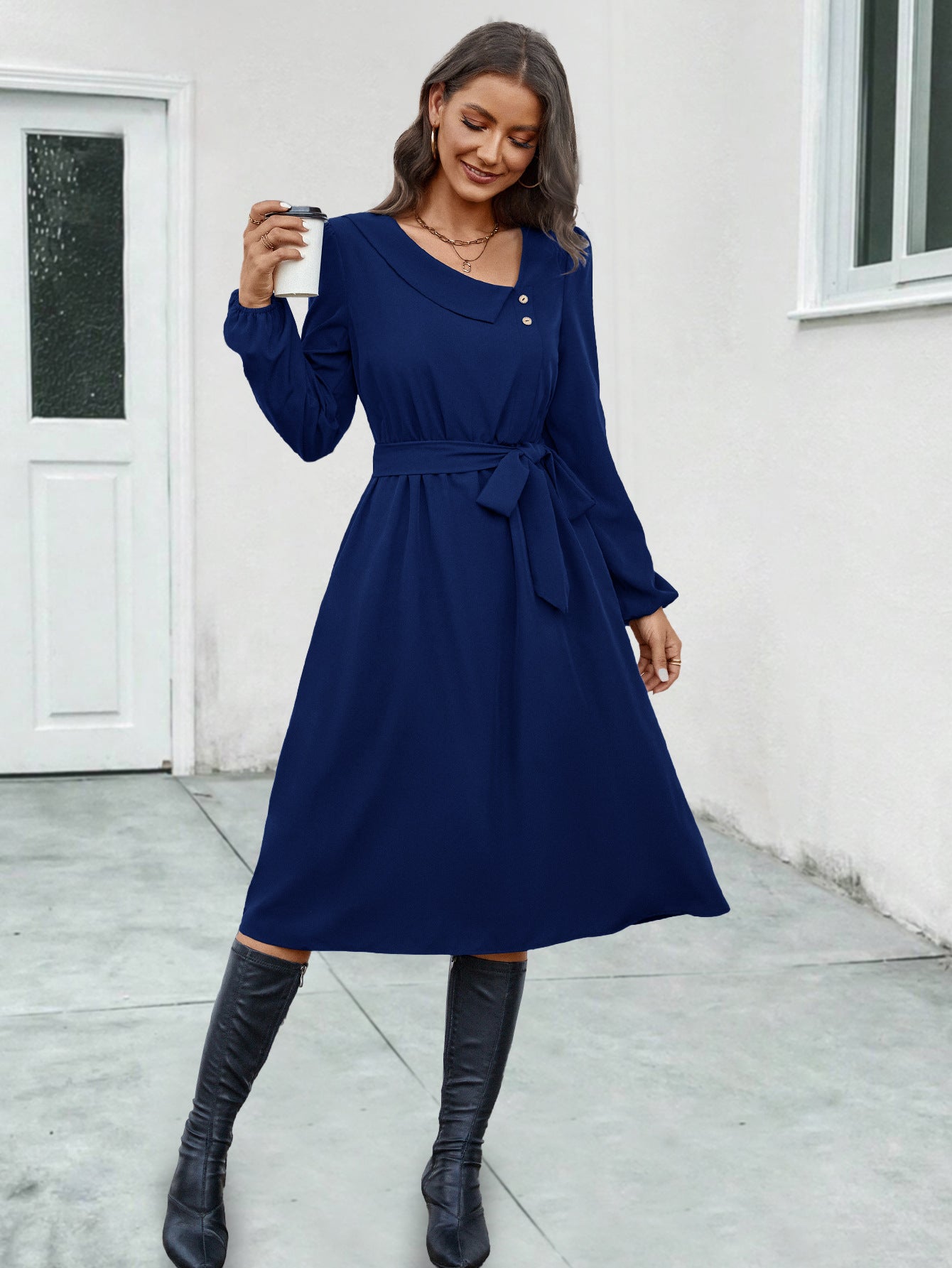 Irregular Neck Button Long Sleeve Dresses Wholesale Womens Clothing N3824062800053