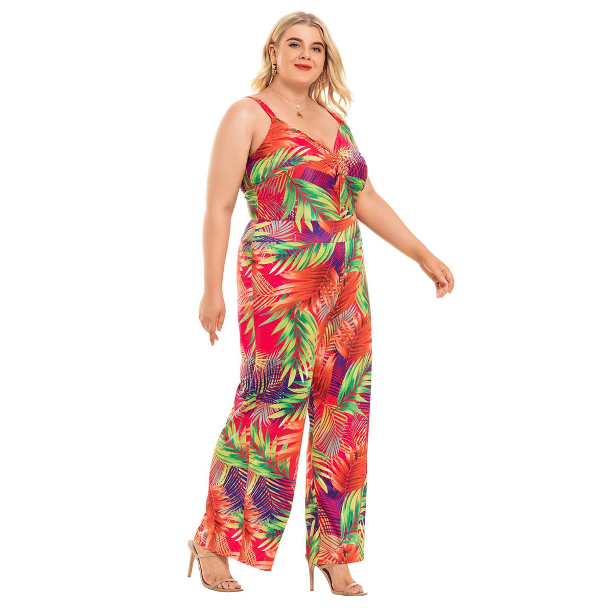 Plus Size V Neck Strappy Printed Wide Leg Jumpsuit Wholesale Womens Clothing N3824080300053