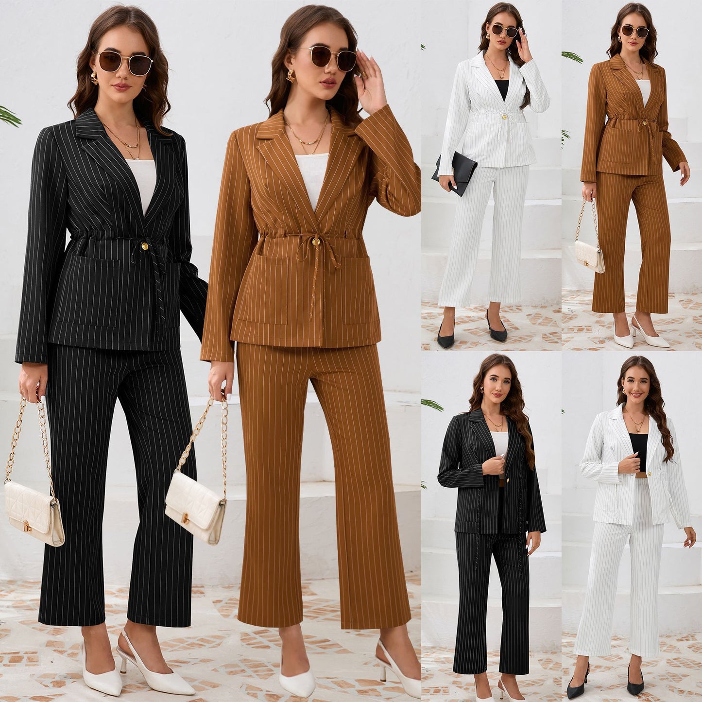 Striped Lapel Blazer Straight Pants 2 Piece Set Wholesale Womens Clothing N3824082300052