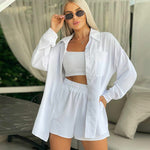 Women's Long Sleeve Cardigan Shirt Solid Color Shorts Two Piece Set Wholesale Womens Clothing N3823120800033