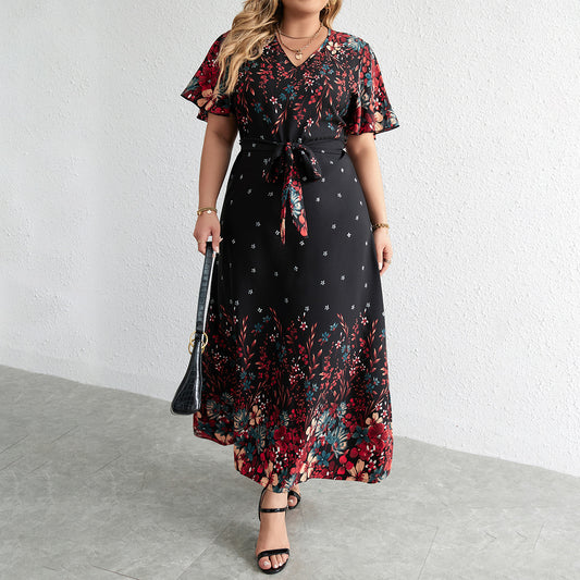 Plus Size Dress V Neck Short Sleeve Printed Maxi Dresses Wholesale Womens Clothing N3824080300004