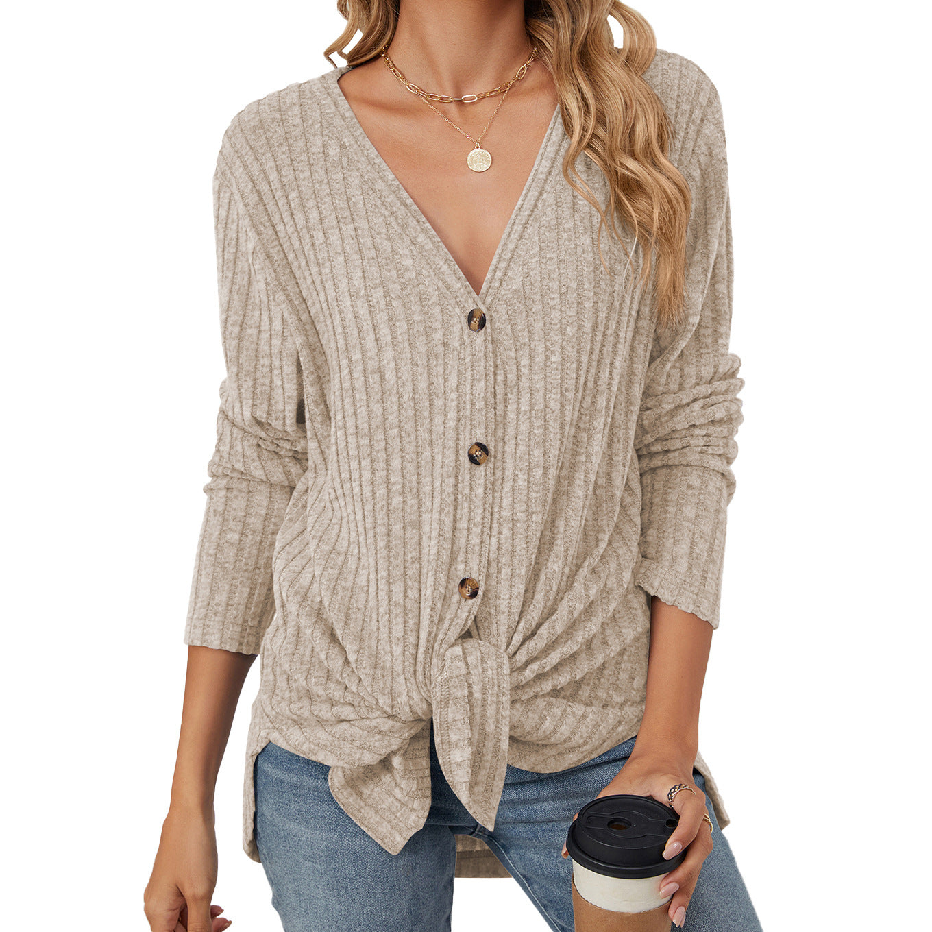 Solid Color Long Sleeve Button Cardigan Knitted Brushed Sweaters Fall Wholesale Womens Clothing N3824072900056