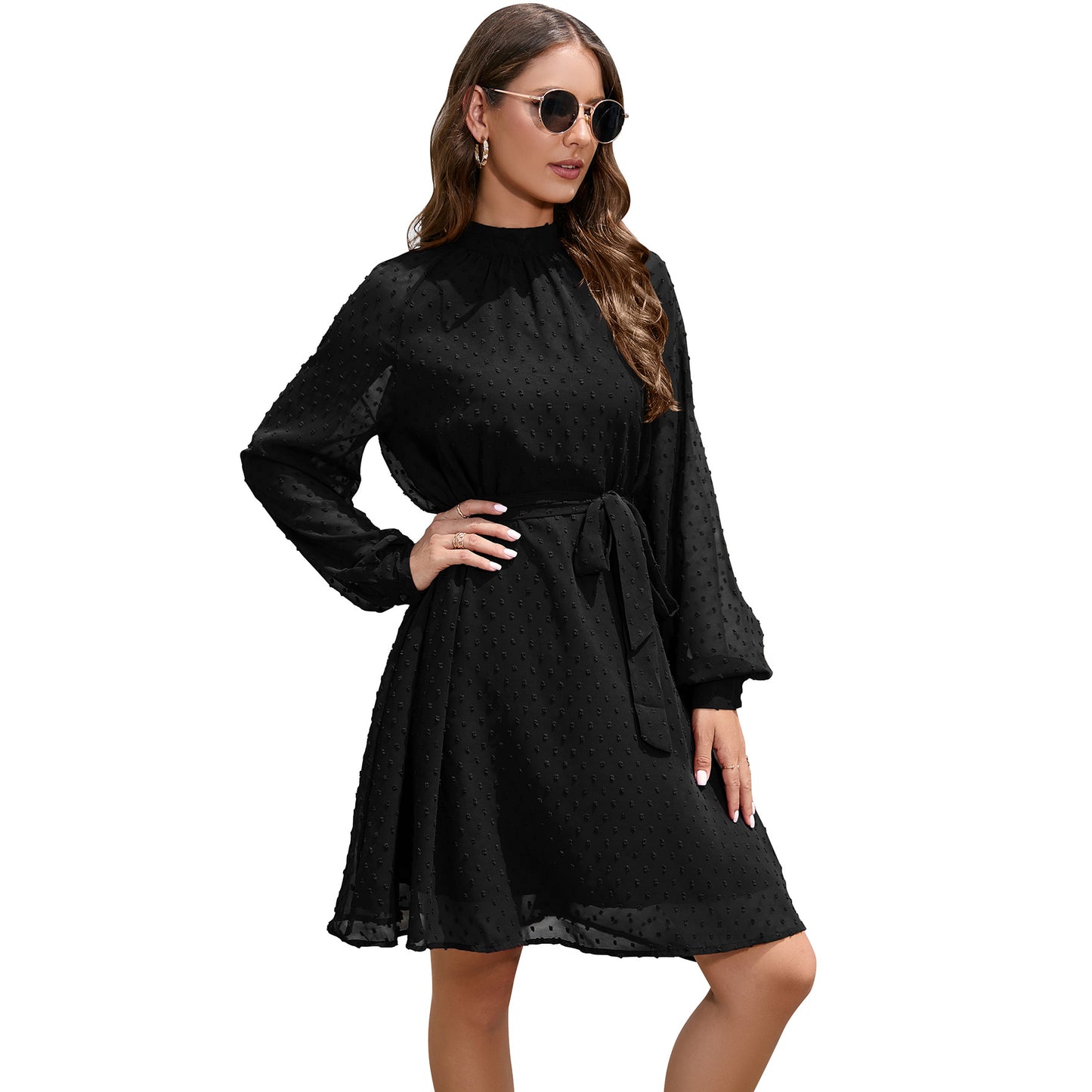 Long-Sleeve Flowing Chiffon Polka Dot Gentle Belt Dress Wholesale Dresses