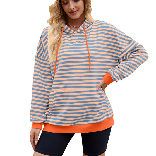 Striped Contrast Color Casual Hooded Loose Pocket Sweatshirts Wholesale Womens Clothing N3824091200016