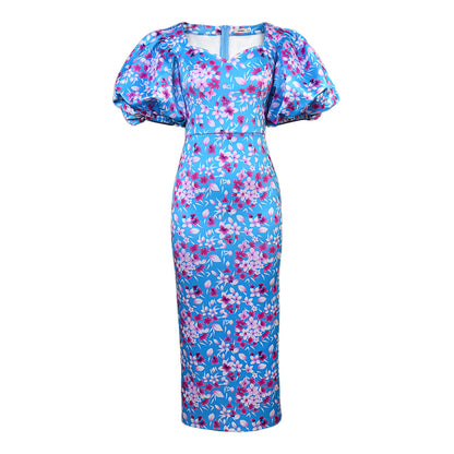 Commuter Style Lantern Sleeves High-Waisted Plum Print One-Step Dress Wholesale Dresses