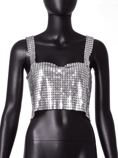 Sexy Metallic Sequins Backless Neck Crop Top Wholesale Womens Tops