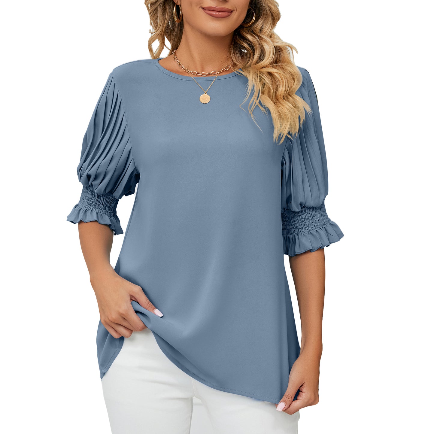 Solid Color Round Neck Ruffle Princess Sleeve Loose Chiffon Tops Wholesale Womens Clothing N3824082900036