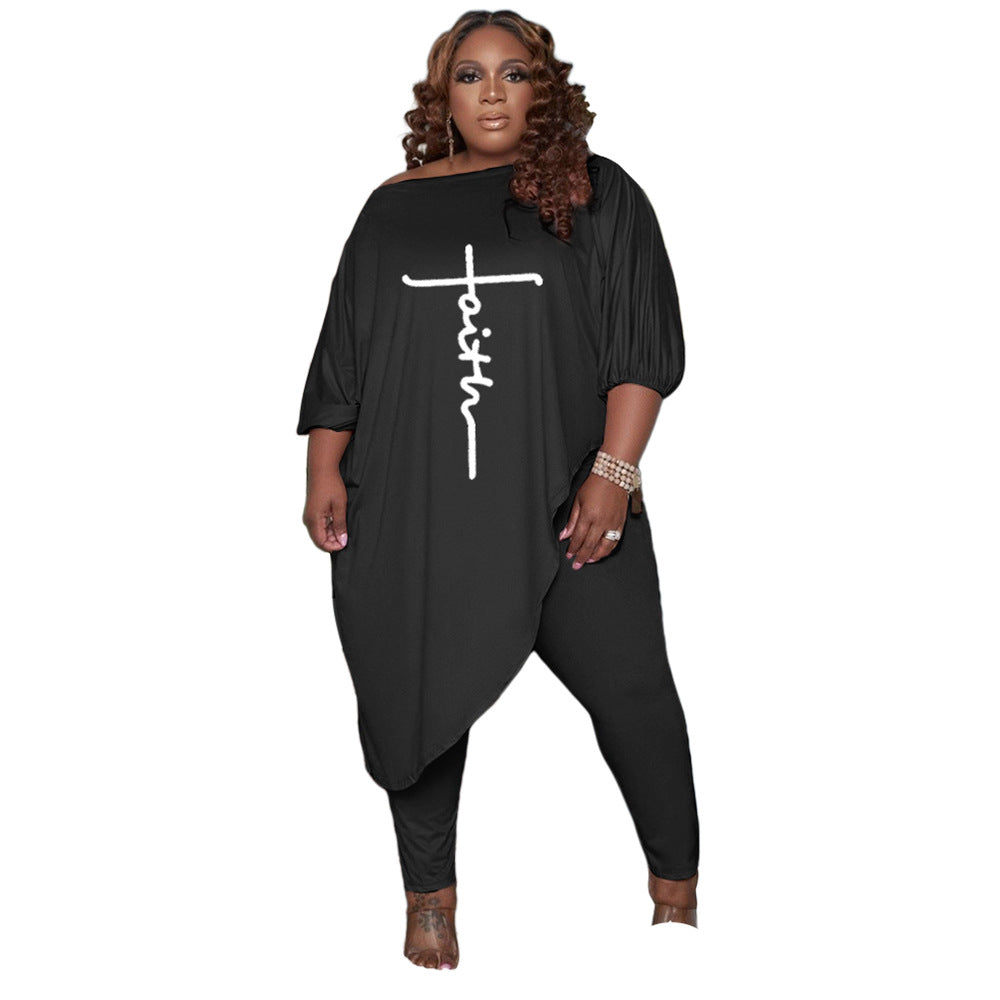 Wholesale Plus Size Clothing Fashion Printed Raglan Shoulder Long Sleeve Loose T-Shirt And Pants Set