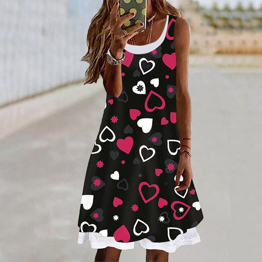 Casual Dress Heart Printed Fake Two Piece Sleeveless Tank Dresses Wholesale Womens Clothing N3824081400058