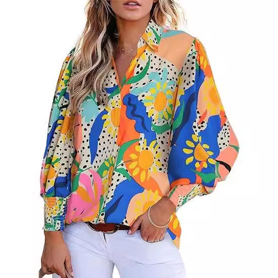 Long-Sleeved Printed Blouses With Lapel And Lantern Sleeves Wholesale Womens Tops N3824091200175