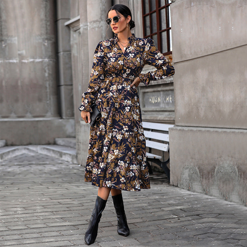 Floral Lapel Long Sleeve Midi Dresses Wholesale Womens Clothing N3824070500035