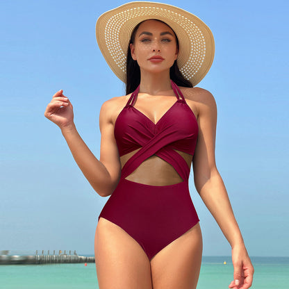 Women's Solid Color Mesh Halter Neck Deep V One-piece Swimsuit Wholesale Womens Clothing N3824012000008