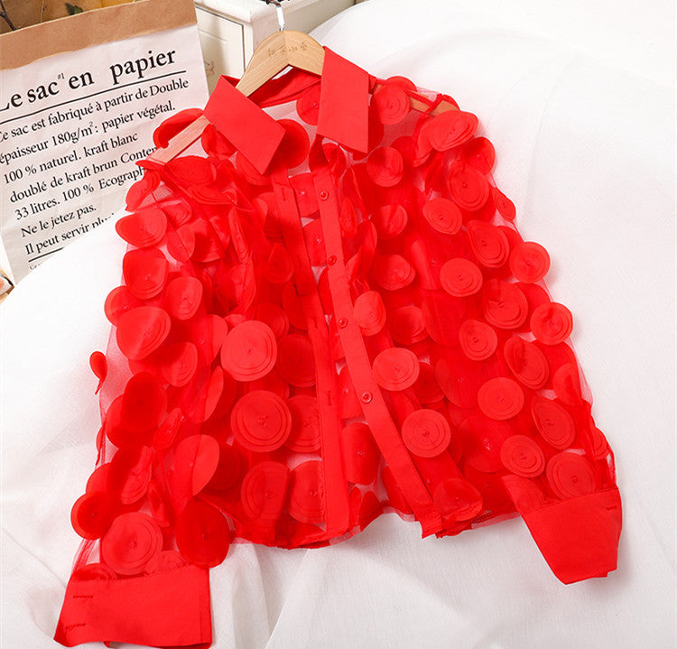 Fashionable Three-Dimensional Flowers Hollow Lantern Sleeve Chiffon Shirt Wholesale Womens Tops