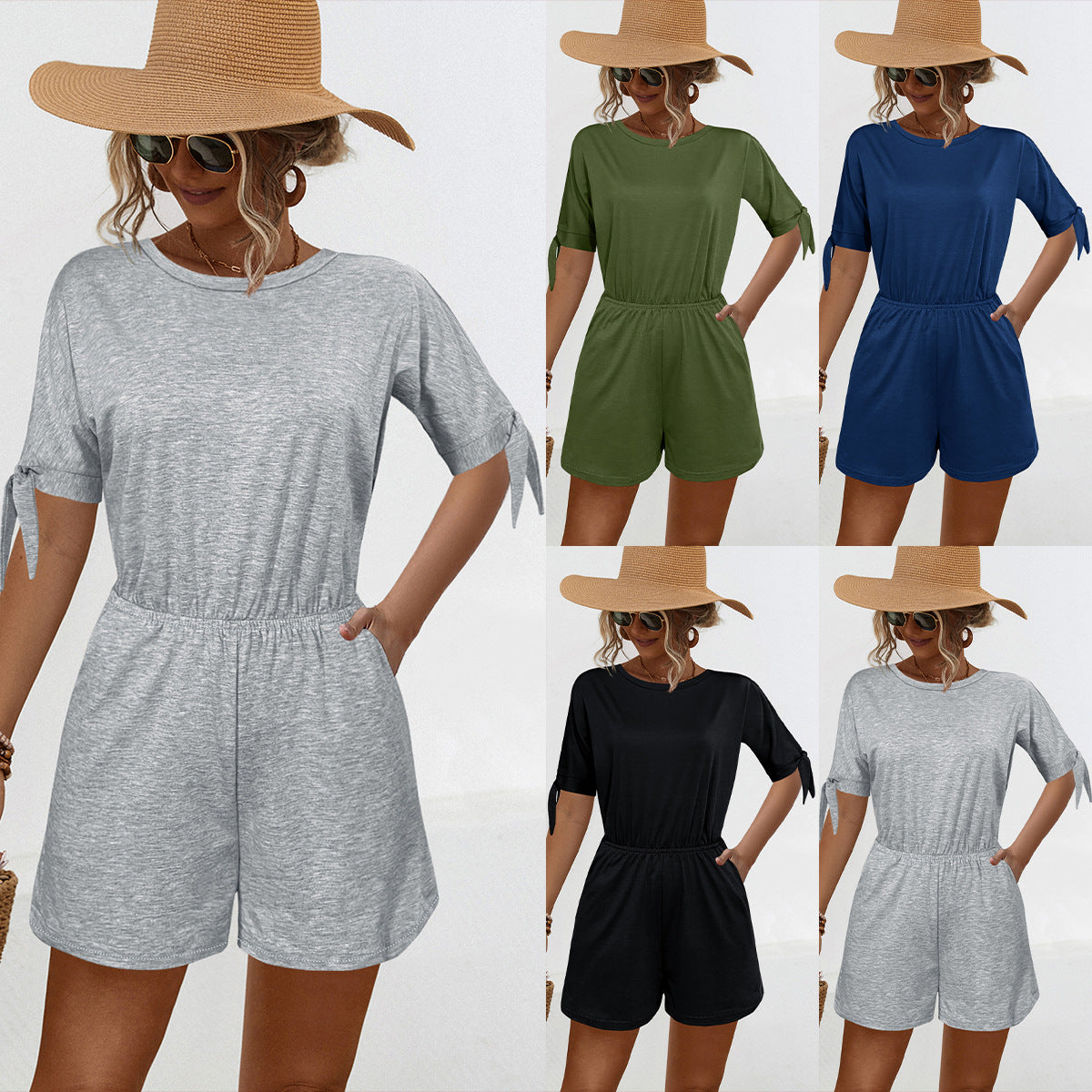 Split Sleeve Solid Color Lace Up Casual Rompers & Jumpsuit Wholesale Womens Clothing N3824050700111