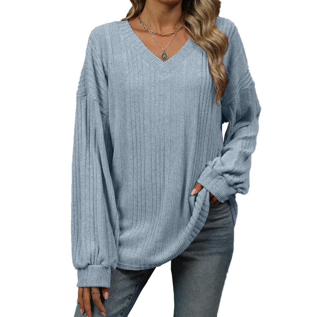 Solid Color V-Neck Loose Long Sleeve Knitted Sweater Wholesale Womens Clothing N3824091200015